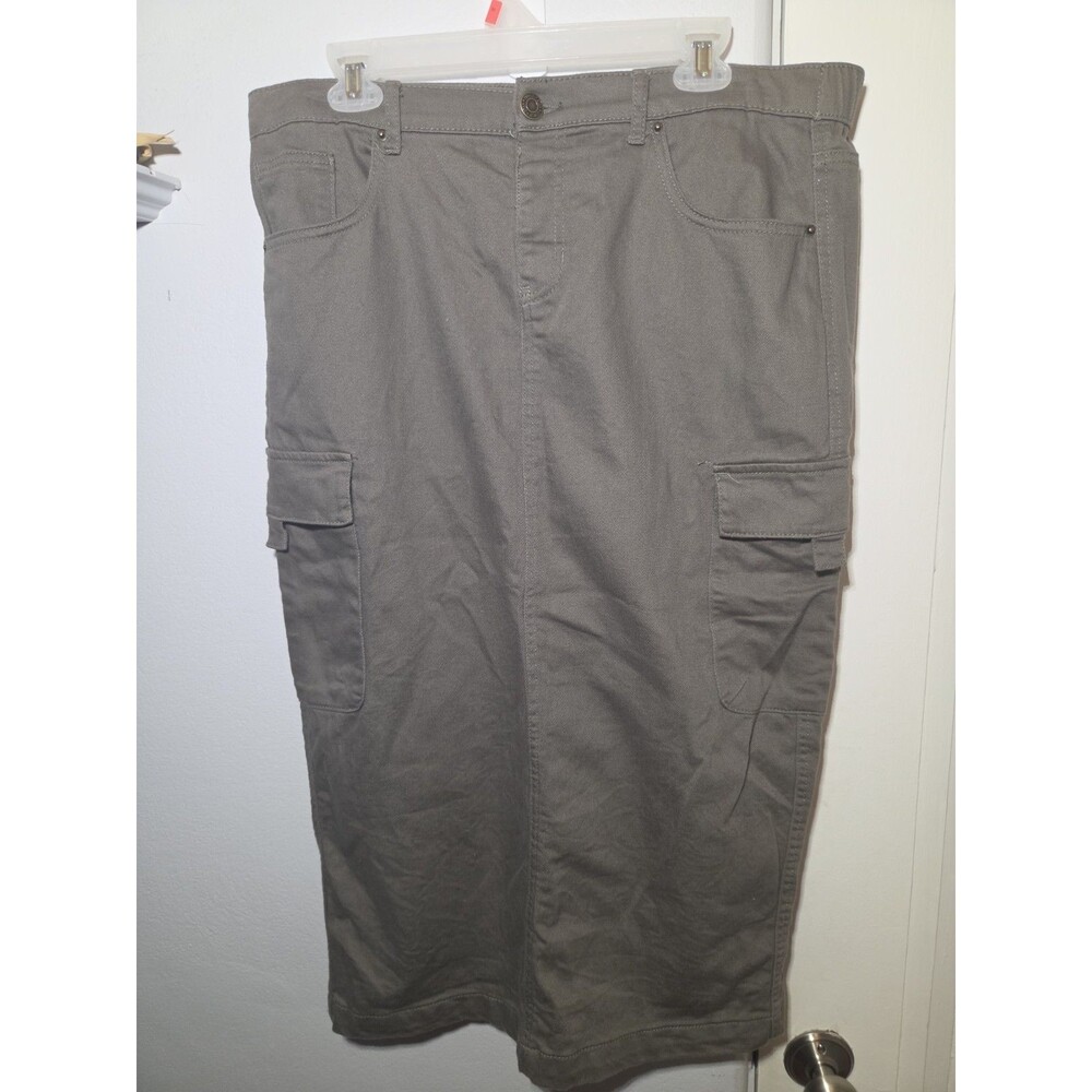 Stitch Star Women's Cargo Midi Skirt L Gray Olive Utility Stretch Pockets